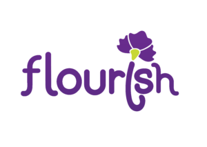 Logo that reads 'flourish', the I is a purple nasturtium